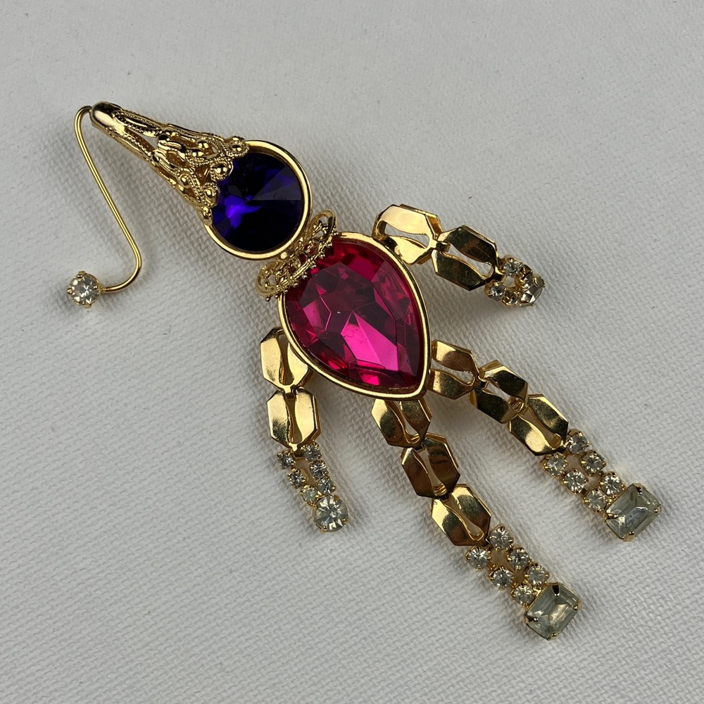 Gold Tone Rhinestone Articulated Mardi Gras Clown Jester Pin Brooch